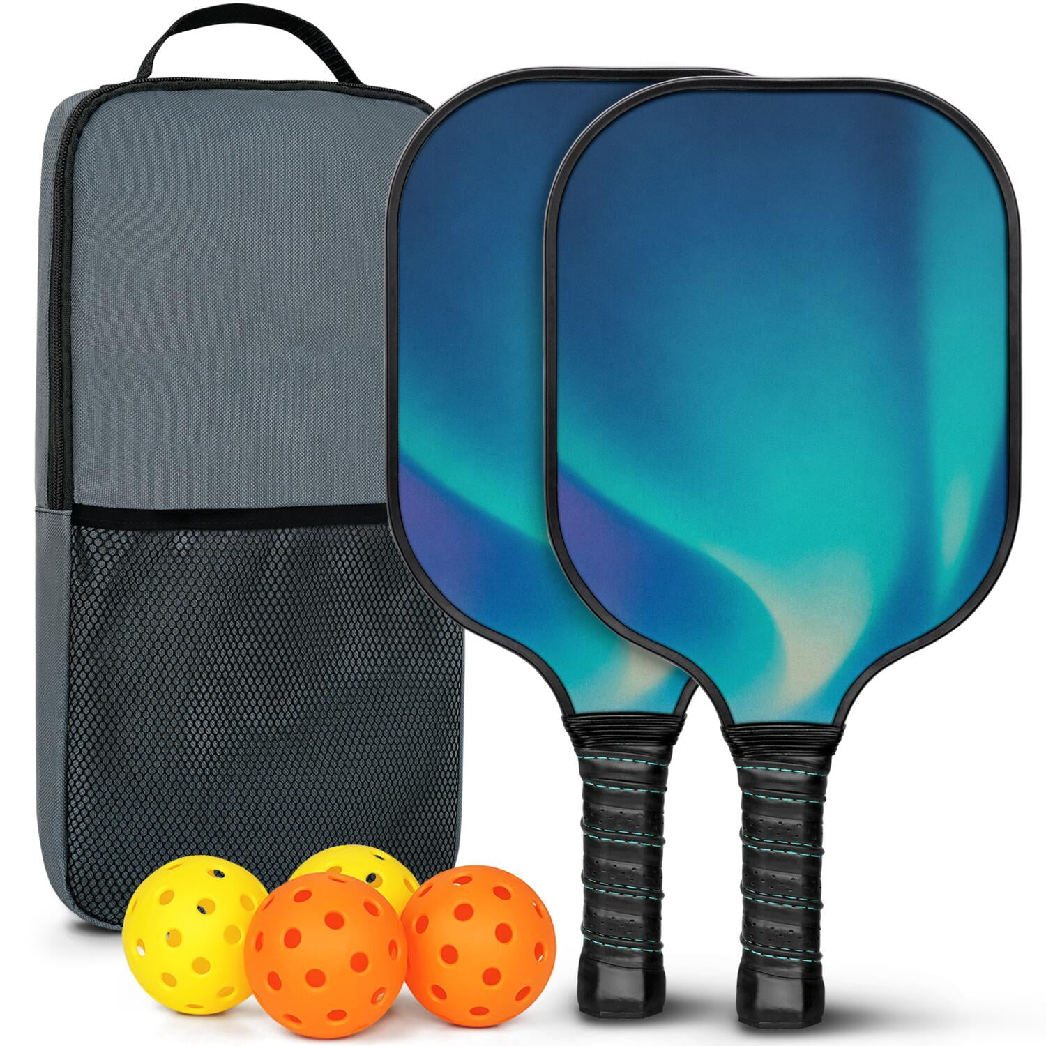 Pickleball Paddles Set Of 2, Fiberglass Surface, Fluid Smoke Aurora Art Style, 4 Balls & Bag