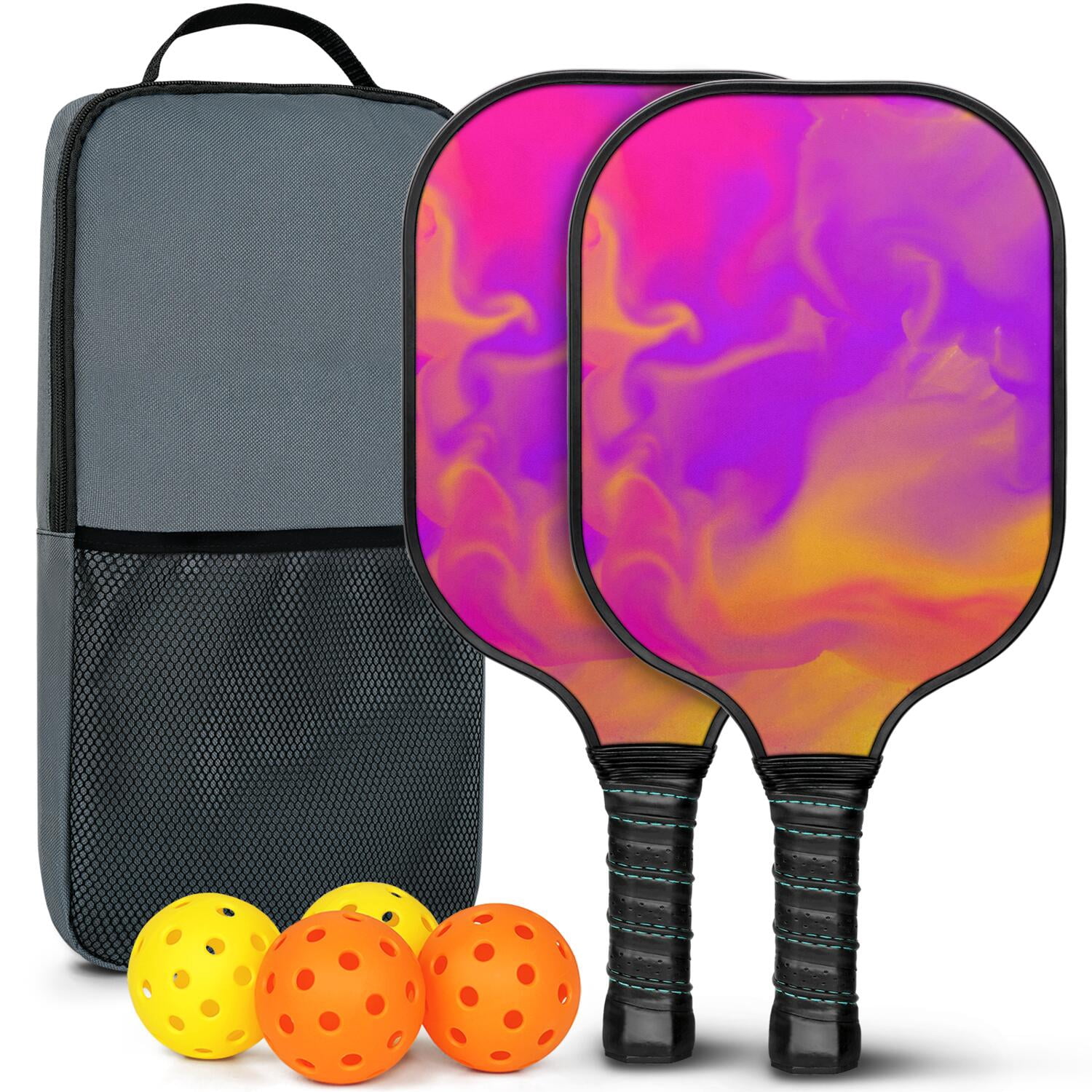 Pickleball Paddles Set Of 2, Fiberglass Surface, Fluid Smoke Aurora Art Style, 4 Balls & Bag