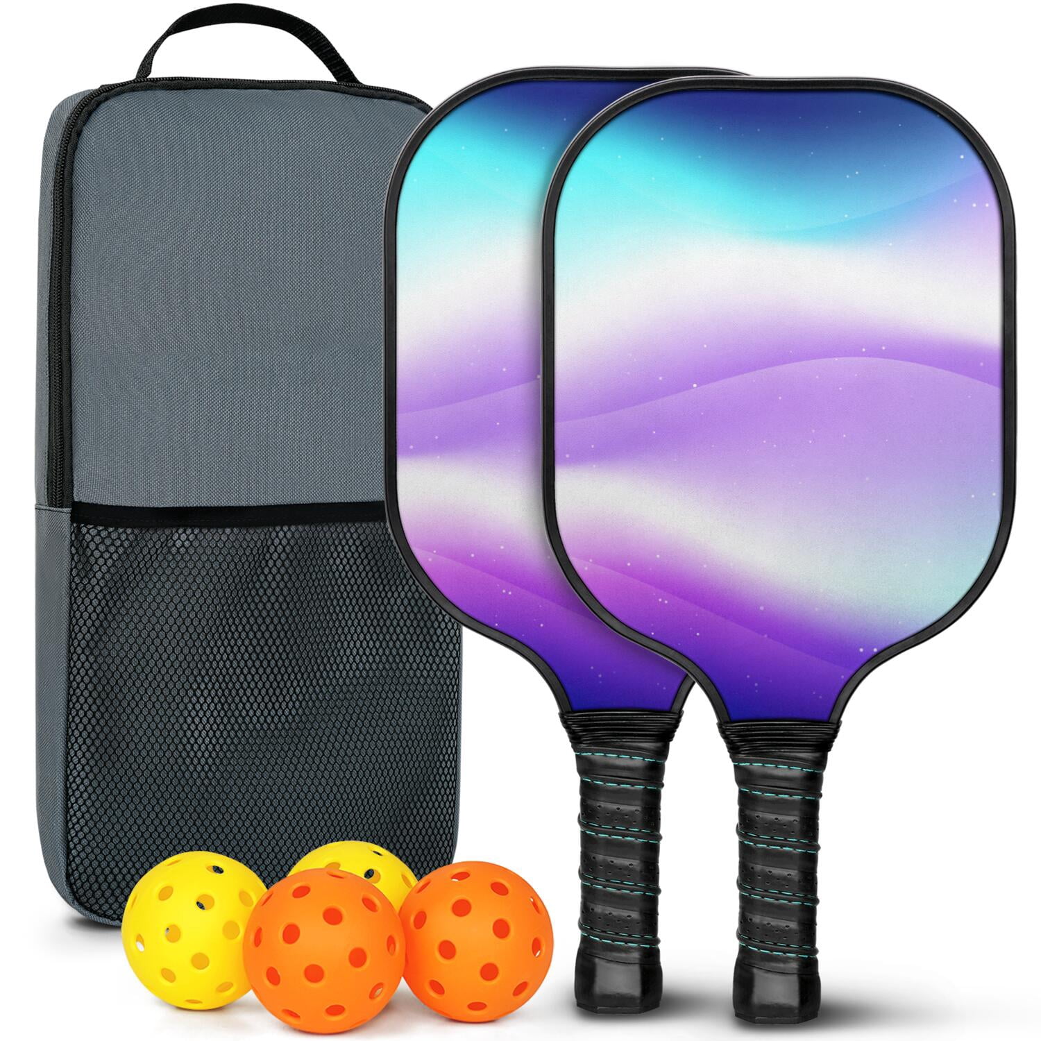 Pickleball Paddles Set Of 2, Fiberglass Surface, Fluid Smoke Aurora Art Style, 4 Balls & Bag