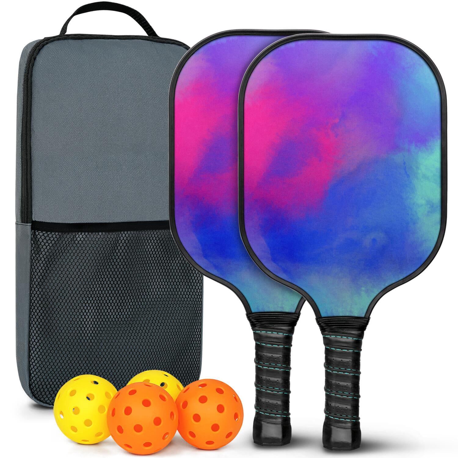 Pickleball Paddles Set Of 2, Fiberglass Surface, Fluid Smoke Aurora Art Style, 4 Balls & Bag