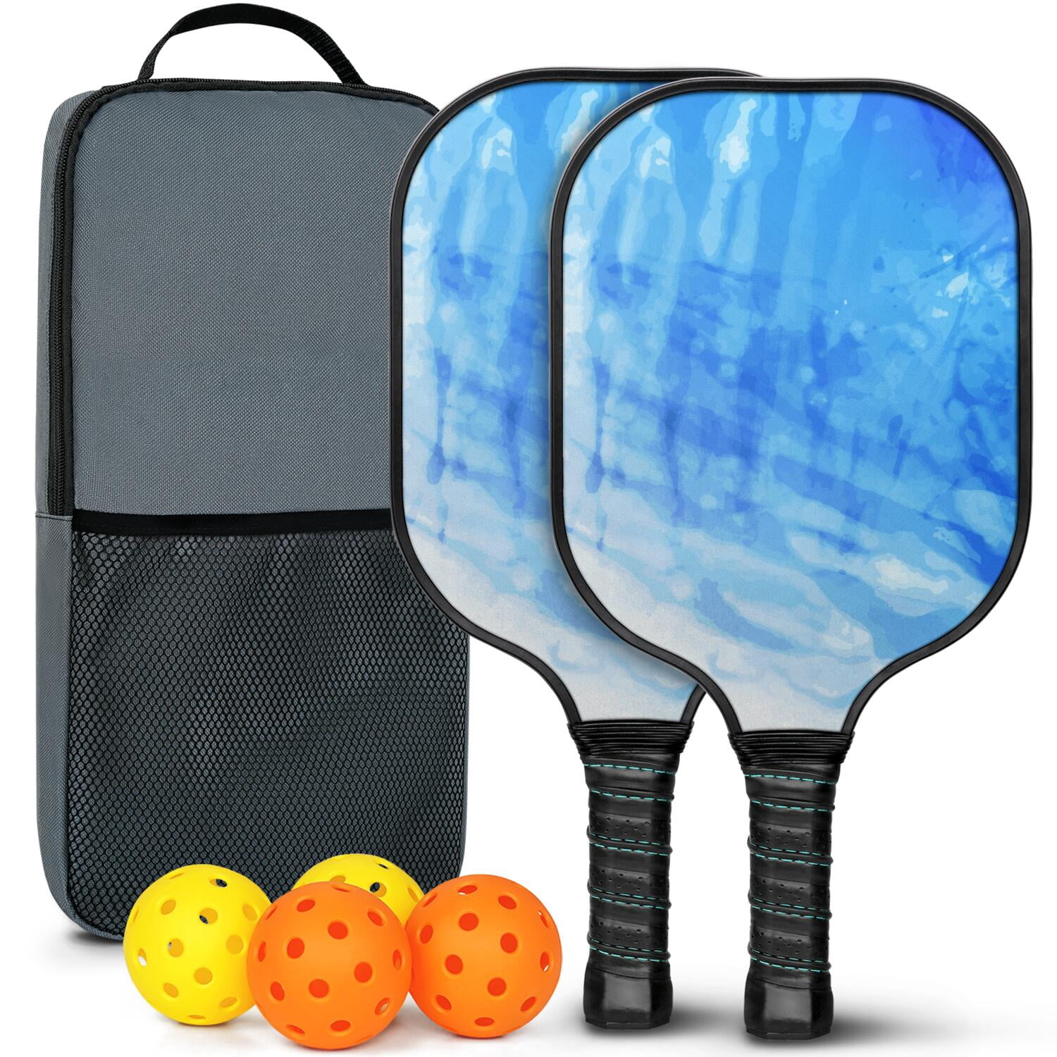 Pickleball Paddles Set Of 2, Fiberglass Surface, Fluid Smoke Aurora Art Style, 4 Balls & Bag