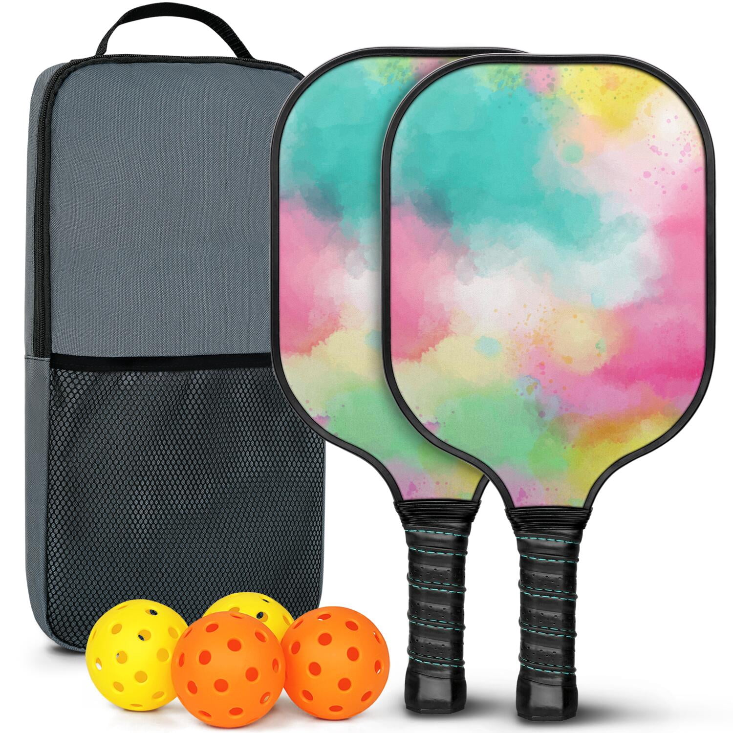 Pickleball Paddles Set Of 2, Fiberglass Surface, Fluid Smoke Aurora Art Style, 4 Balls & Bag