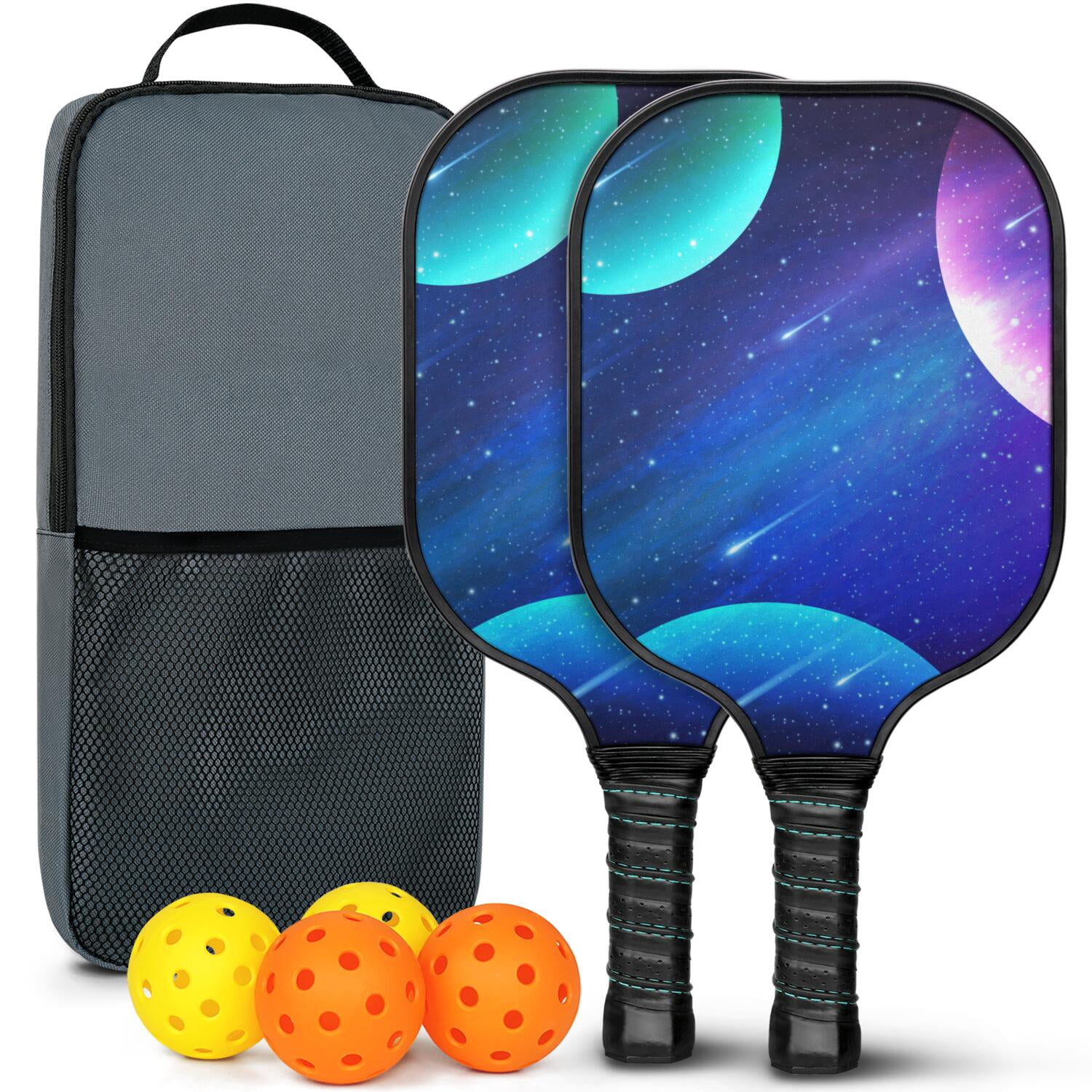 Pickleball Paddles Set Of 2, Fiberglass Surface, Galaxy Print, 4 Balls & Bag
