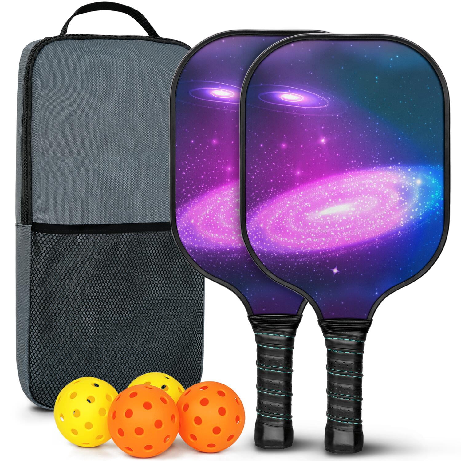 Pickleball Paddles Set Of 2, Fiberglass Surface, Galaxy Print, 4 Balls & Bag