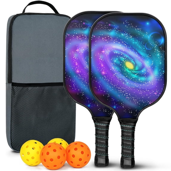Pickleball Paddles Set Of 2, Fiberglass Surface, Galaxy Print, 4 Balls & Bag