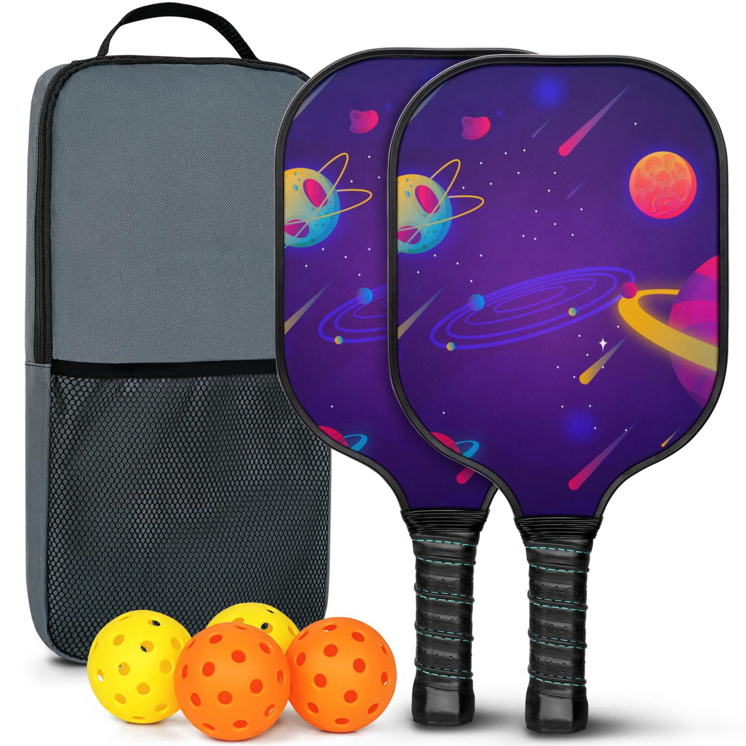 Pickleball Paddles Set Of 2, Fiberglass Surface, Galaxy Print, 4 Balls & Bag