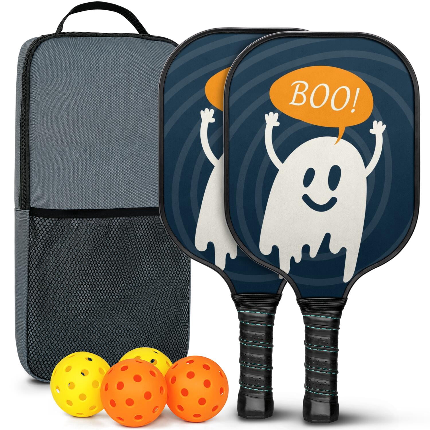 Pickleball Paddles Set Of 2, Fiberglass Surface, Horrible Theme, 4 Balls & Bag