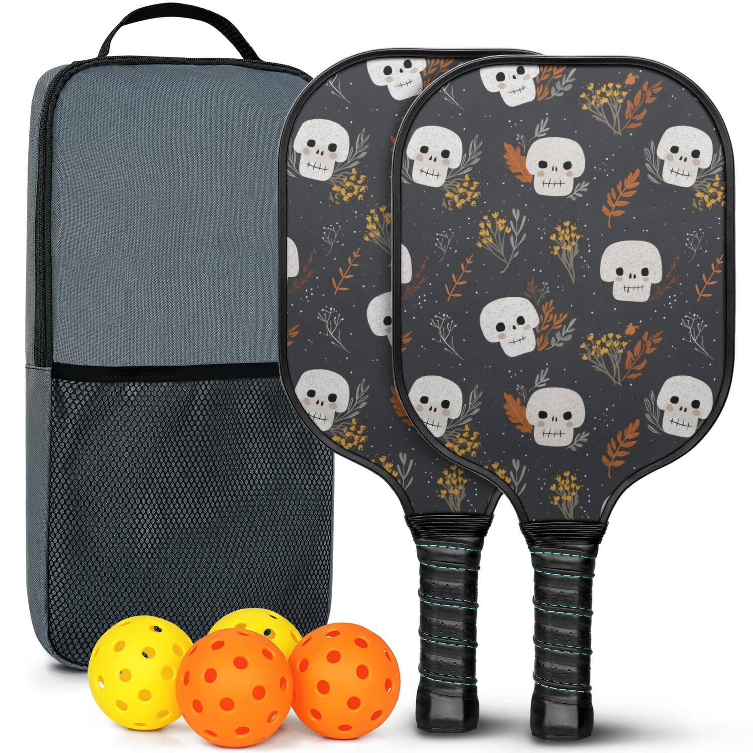 Pickleball Paddles Set Of 2, Fiberglass Surface, Horrible Theme, 4 Balls & Bag
