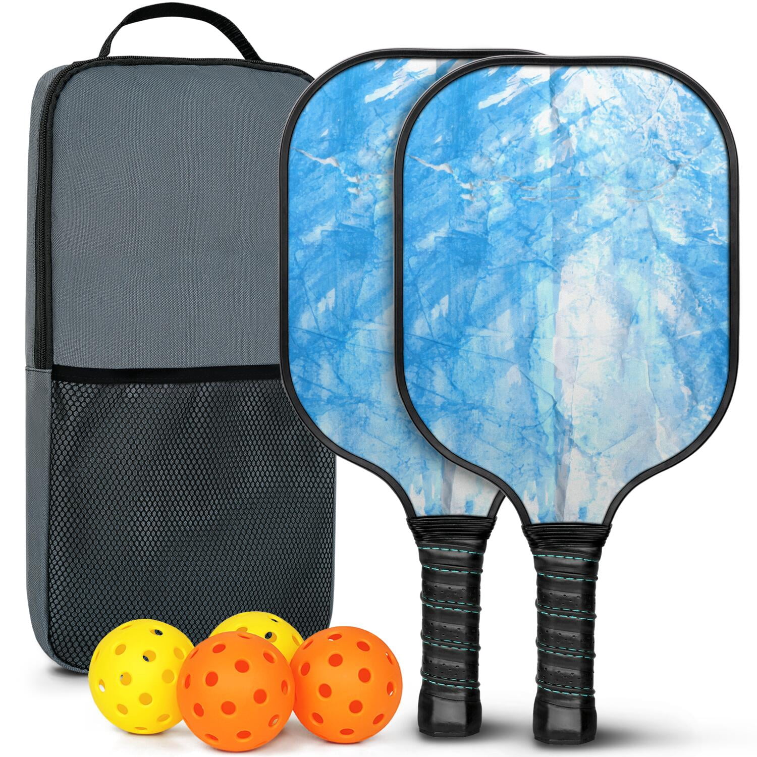 Pickleball Paddles Set Of 2, Fiberglass Surface, Ice Crystal Print, 4 Balls & Bag