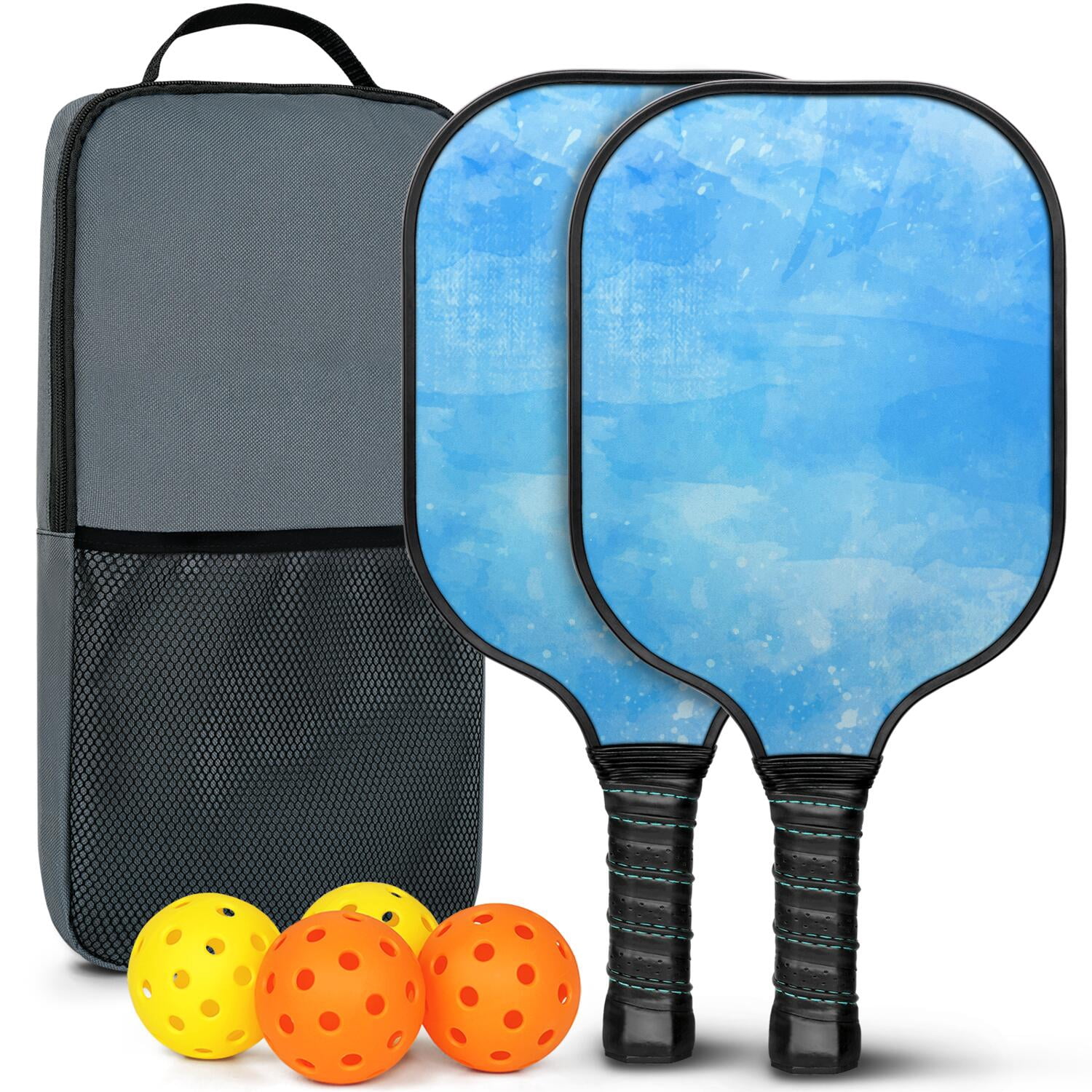 Pickleball Paddles Set Of 2, Fiberglass Surface, Ice Crystal Print, 4 Balls & Bag