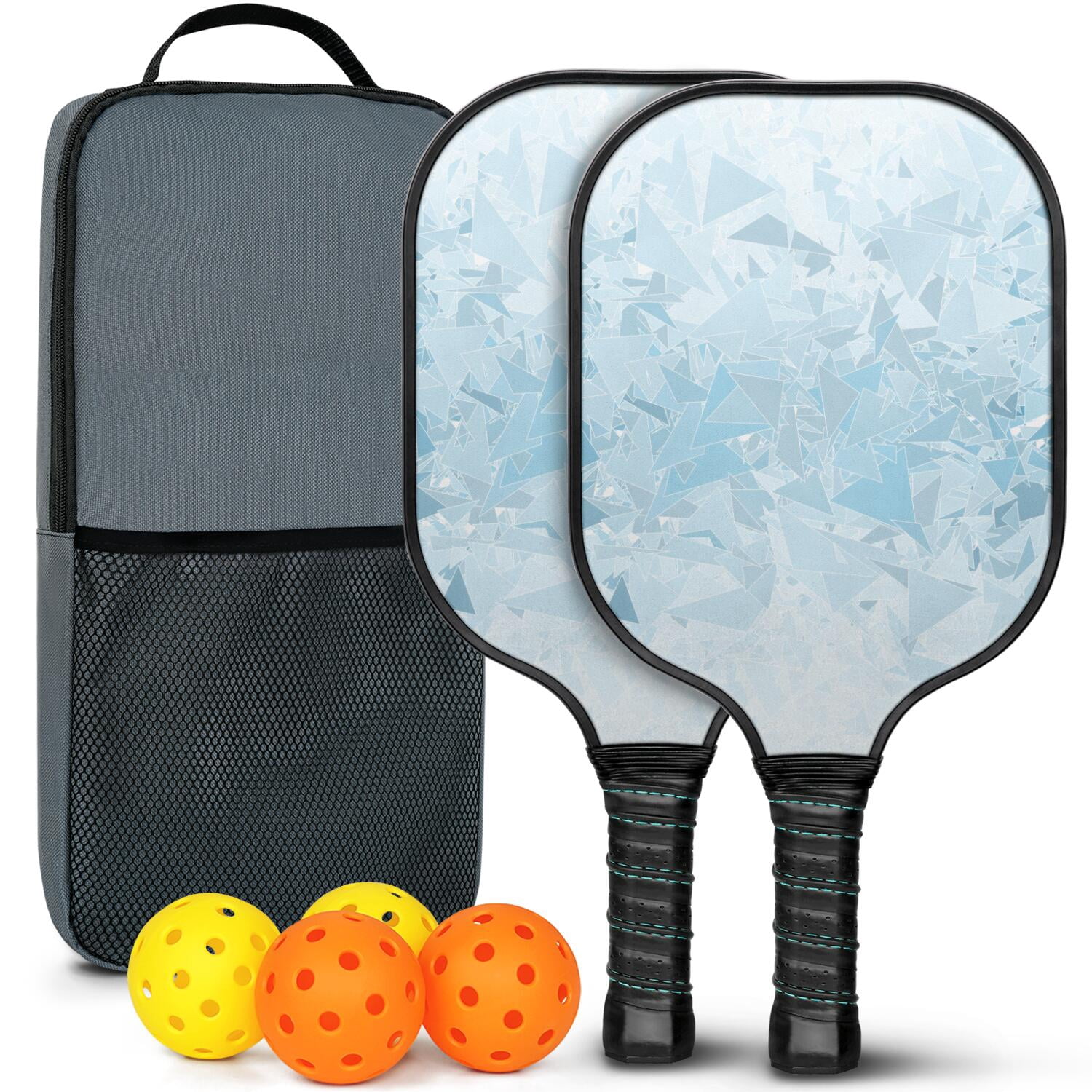 Pickleball Paddles Set Of 2, Fiberglass Surface, Ice Crystal Print, 4 Balls & Bag
