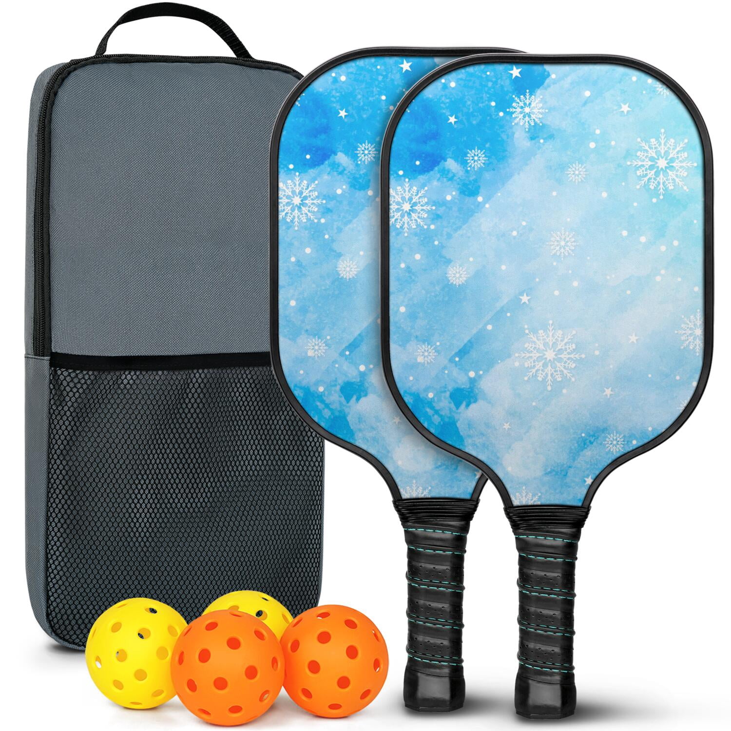 Pickleball Paddles Set Of 2, Fiberglass Surface, Ice Crystal Print, 4 Balls & Bag