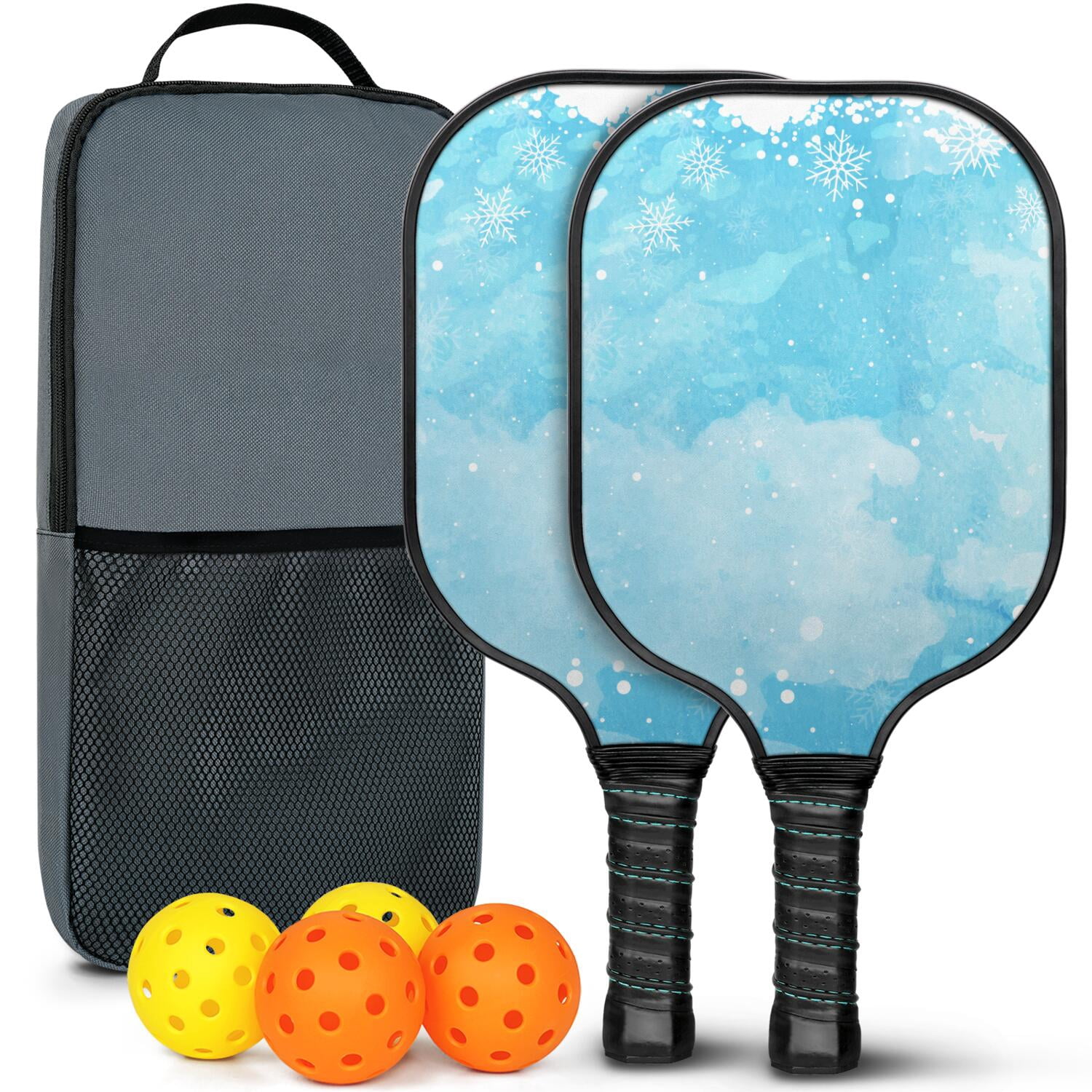 Pickleball Paddles Set Of 2, Fiberglass Surface, Ice Crystal Print, 4 Balls & Bag