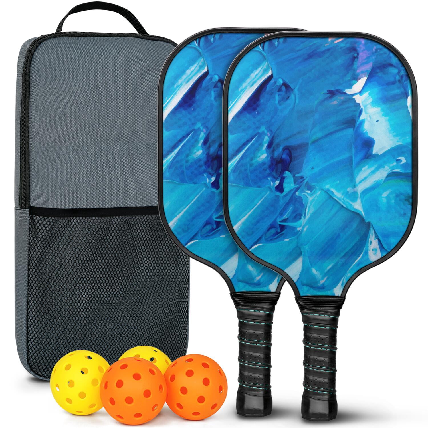 Pickleball Paddles Set Of 2, Fiberglass Surface, Ice Crystal Print, 4 Balls & Bag