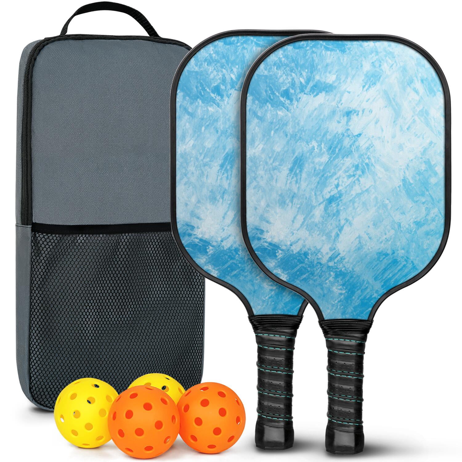 Pickleball Paddles Set Of 2, Fiberglass Surface, Ice Crystal Print, 4 Balls & Bag