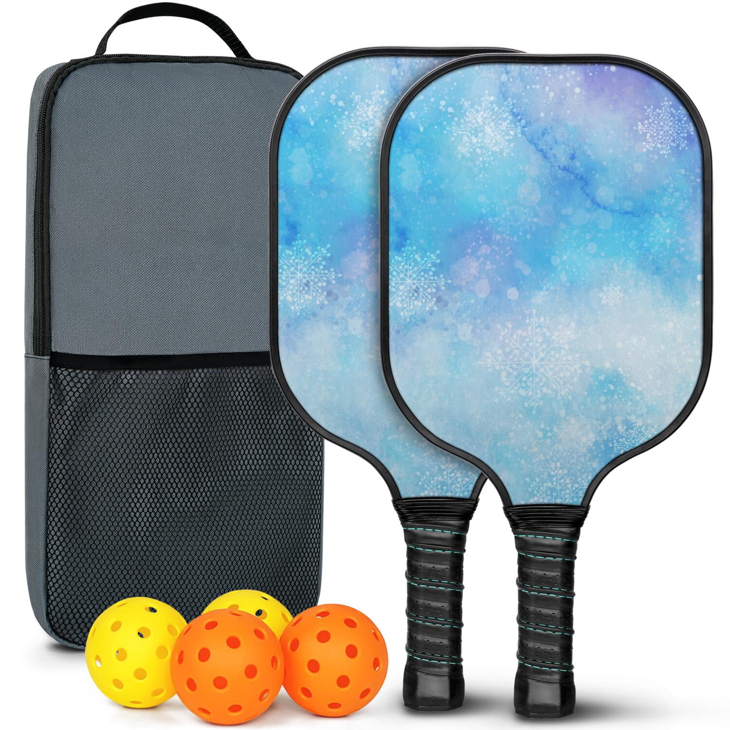 Pickleball Paddles Set Of 2, Fiberglass Surface, Ice Crystal Print, 4 Balls & Bag