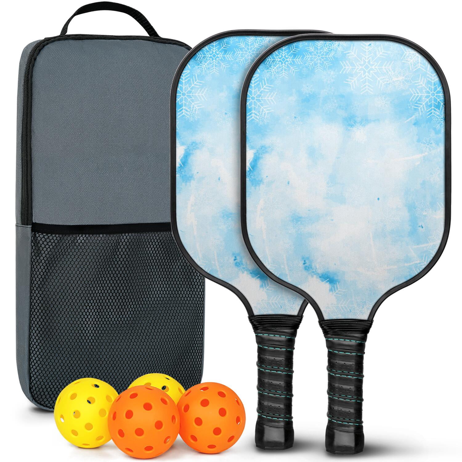Pickleball Paddles Set Of 2, Fiberglass Surface, Ice Crystal Print, 4 Balls & Bag