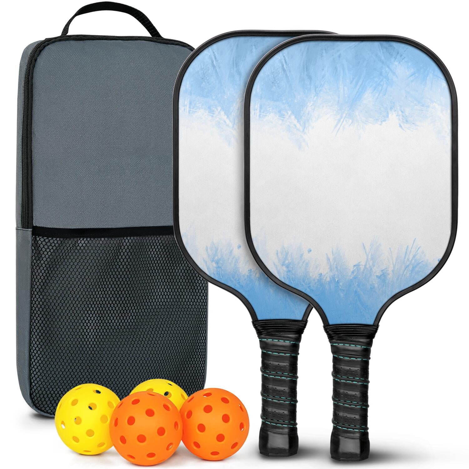 Pickleball Paddles Set Of 2, Fiberglass Surface, Ice Crystal Print, 4 Balls & Bag