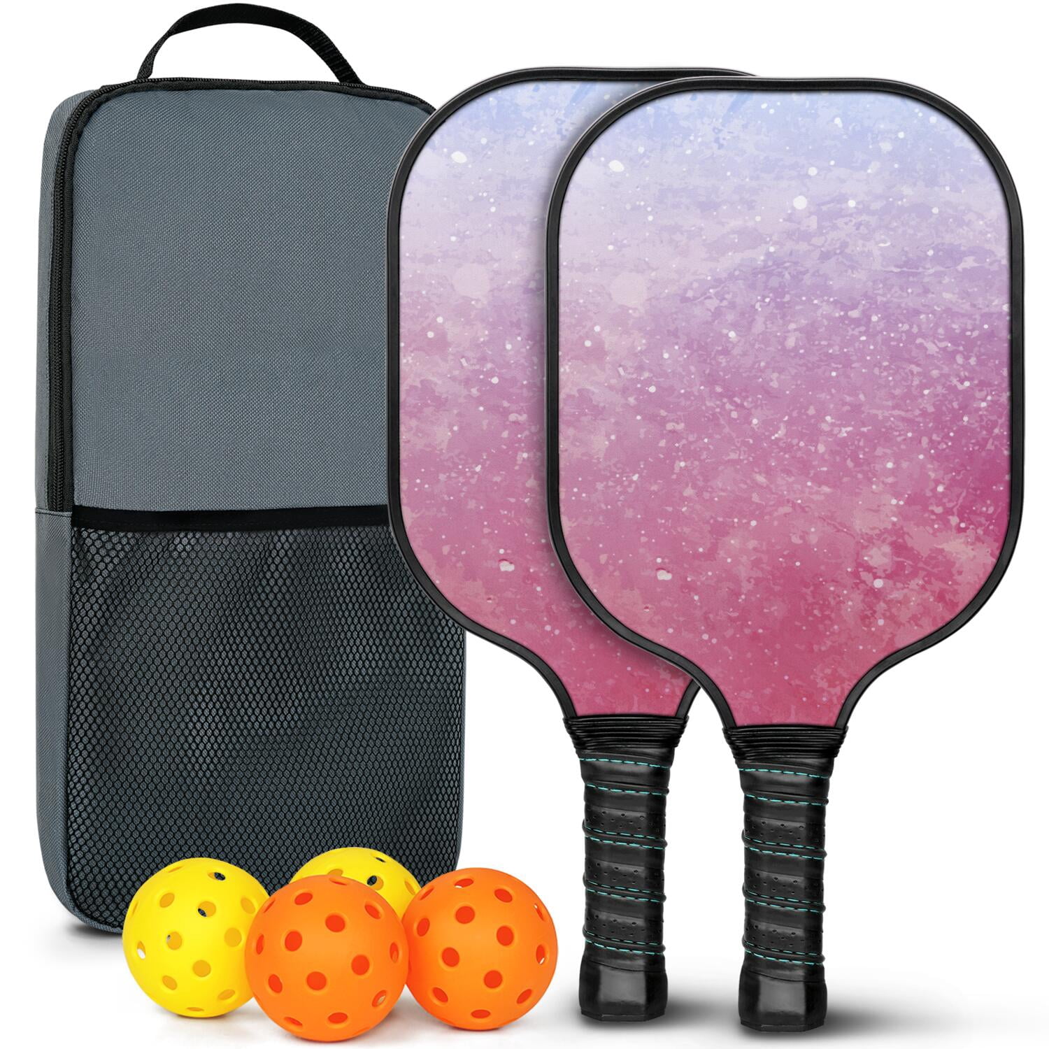 Pickleball Paddles Set Of 2, Fiberglass Surface, Ice Crystal Print, 4 Balls & Bag