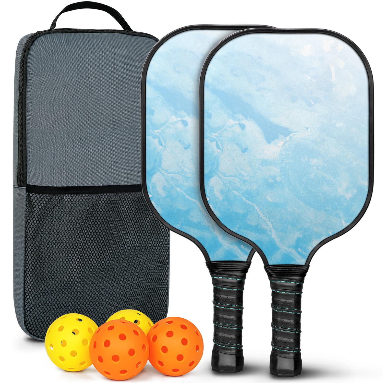 Pickleball Paddles Set Of 2, Fiberglass Surface, Ice Crystal Print, 4 Balls & Bag