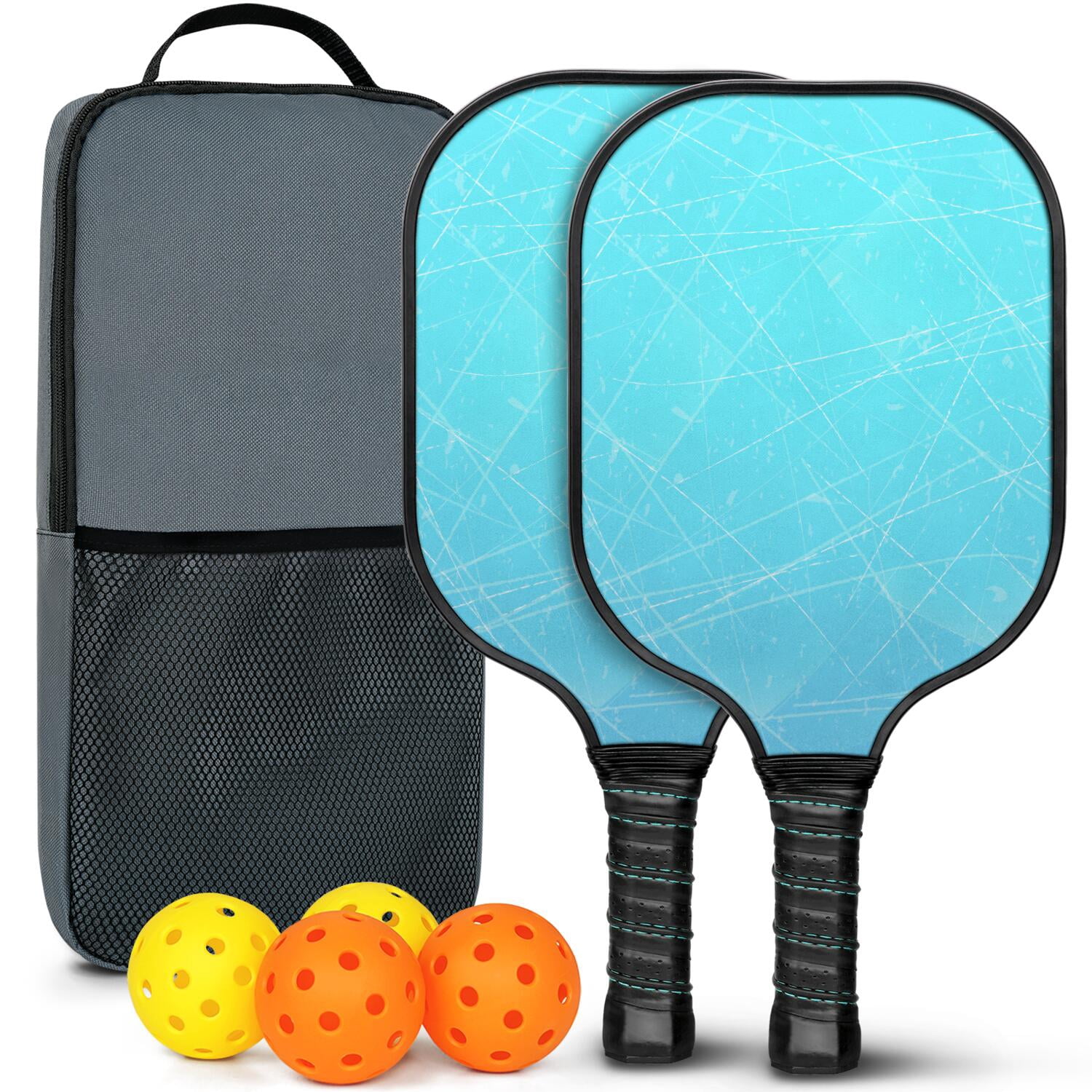 Pickleball Paddles Set Of 2, Fiberglass Surface, Ice Crystal Print, 4 Balls & Bag