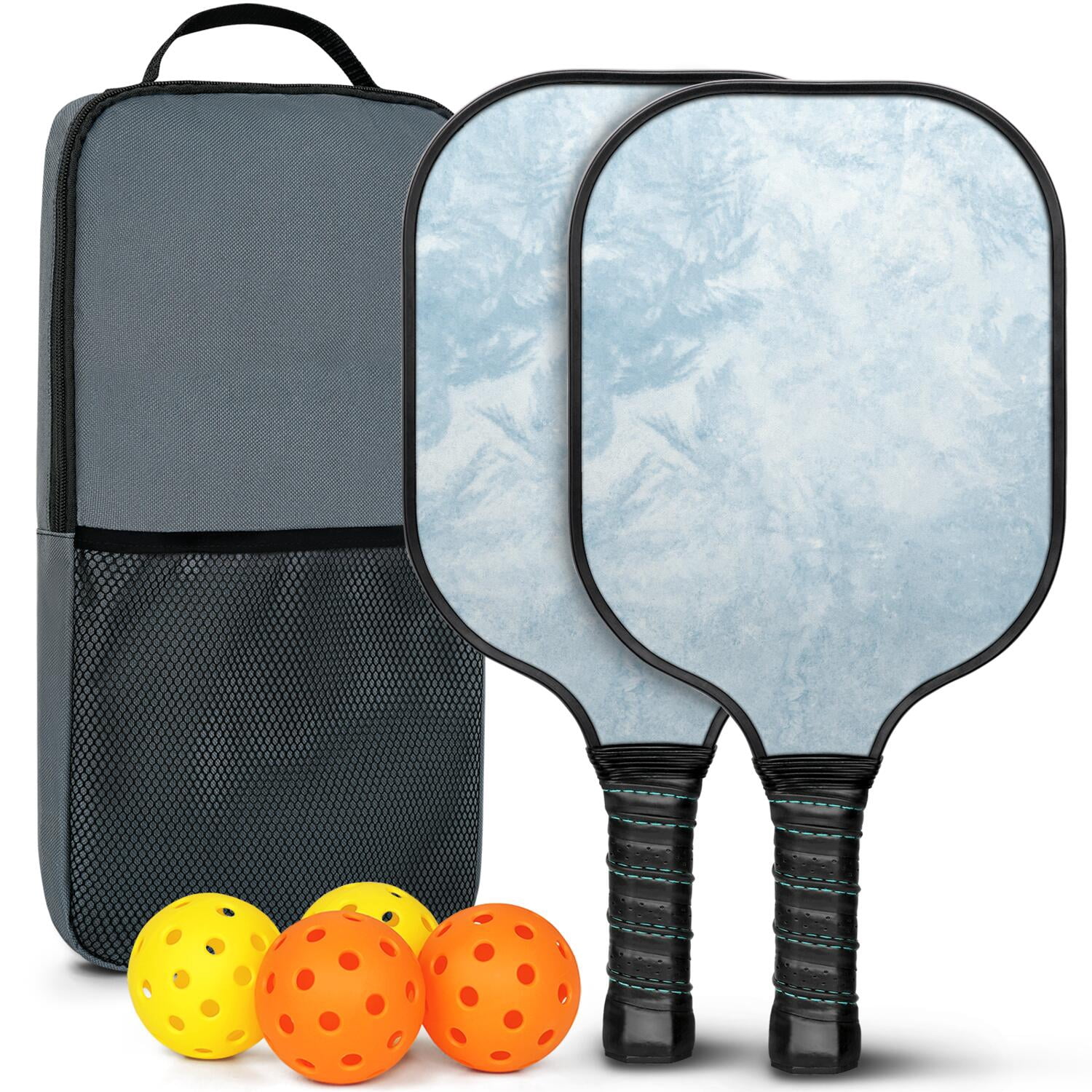 Pickleball Paddles Set Of 2, Fiberglass Surface, Ice Crystal Print, 4 Balls & Bag