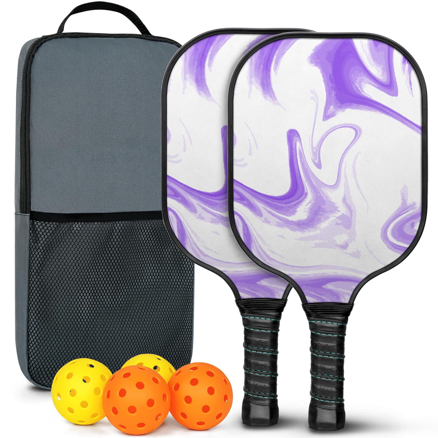 Pickleball Paddles Set Of 2, Fiberglass Surface, Liquid & Marble Print, 4 Balls & Bag