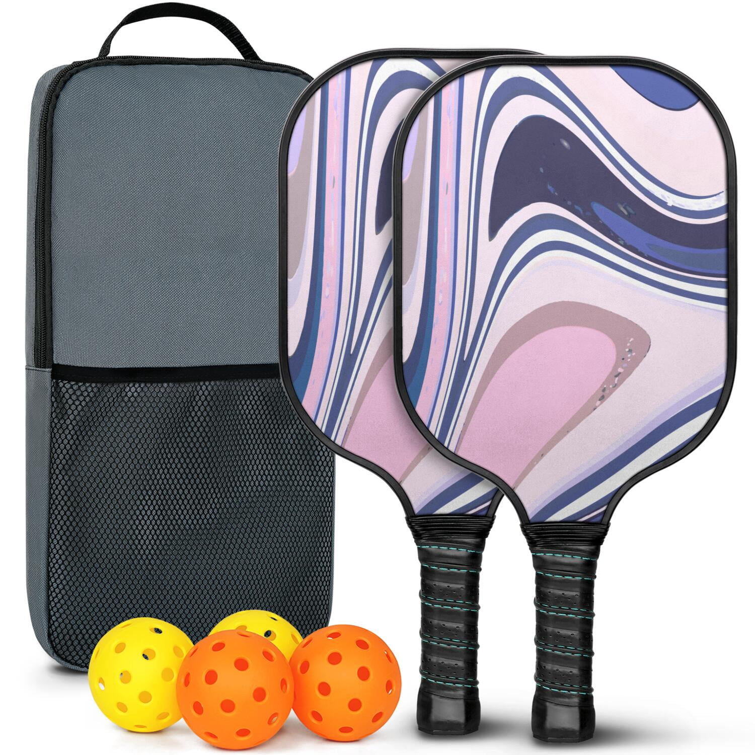 Pickleball Paddles Set Of 2, Fiberglass Surface, Liquid & Marble Print, 4 Balls & Bag