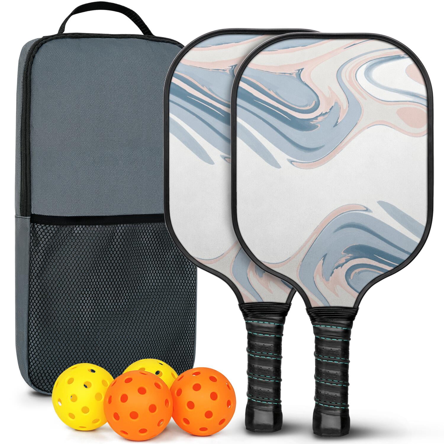 Pickleball Paddles Set Of 2, Fiberglass Surface, Liquid & Marble Print, 4 Balls & Bag