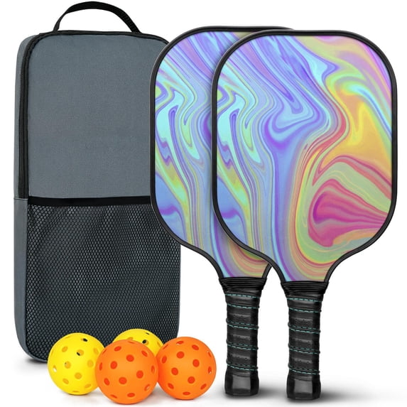 Pickleball Paddles Set Of 2, Fiberglass Surface, Liquid & Marble Print, 4 Balls & Bag