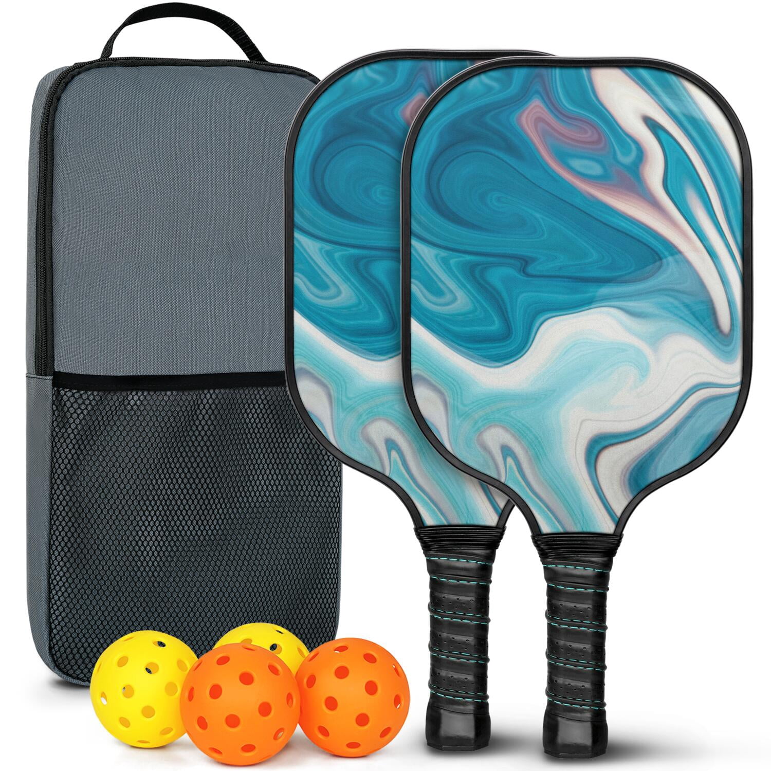 Pickleball Paddles Set Of 2, Fiberglass Surface, Liquid & Marble Print, 4 Balls & Bag