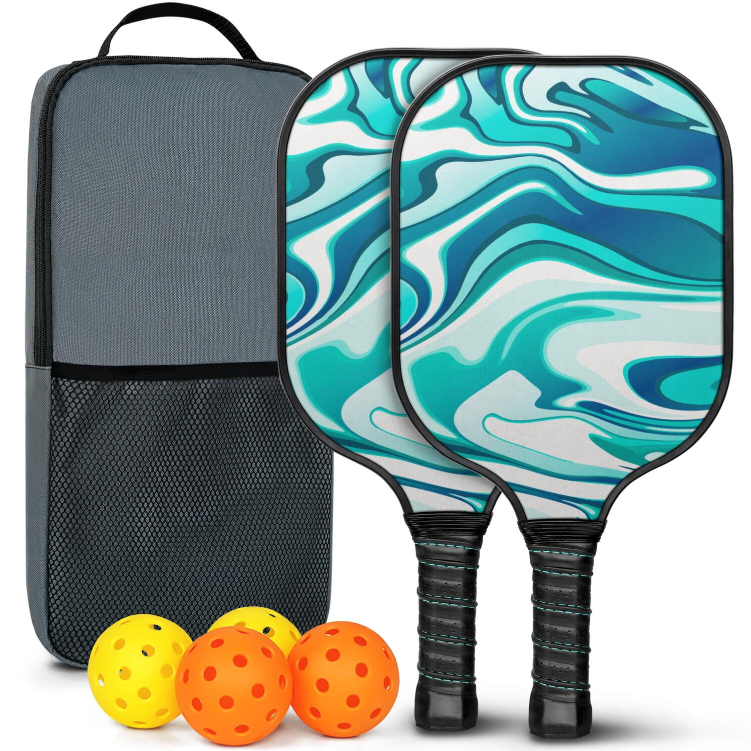 Pickleball Paddles Set Of 2, Fiberglass Surface, Liquid & Marble Print, 4 Balls & Bag