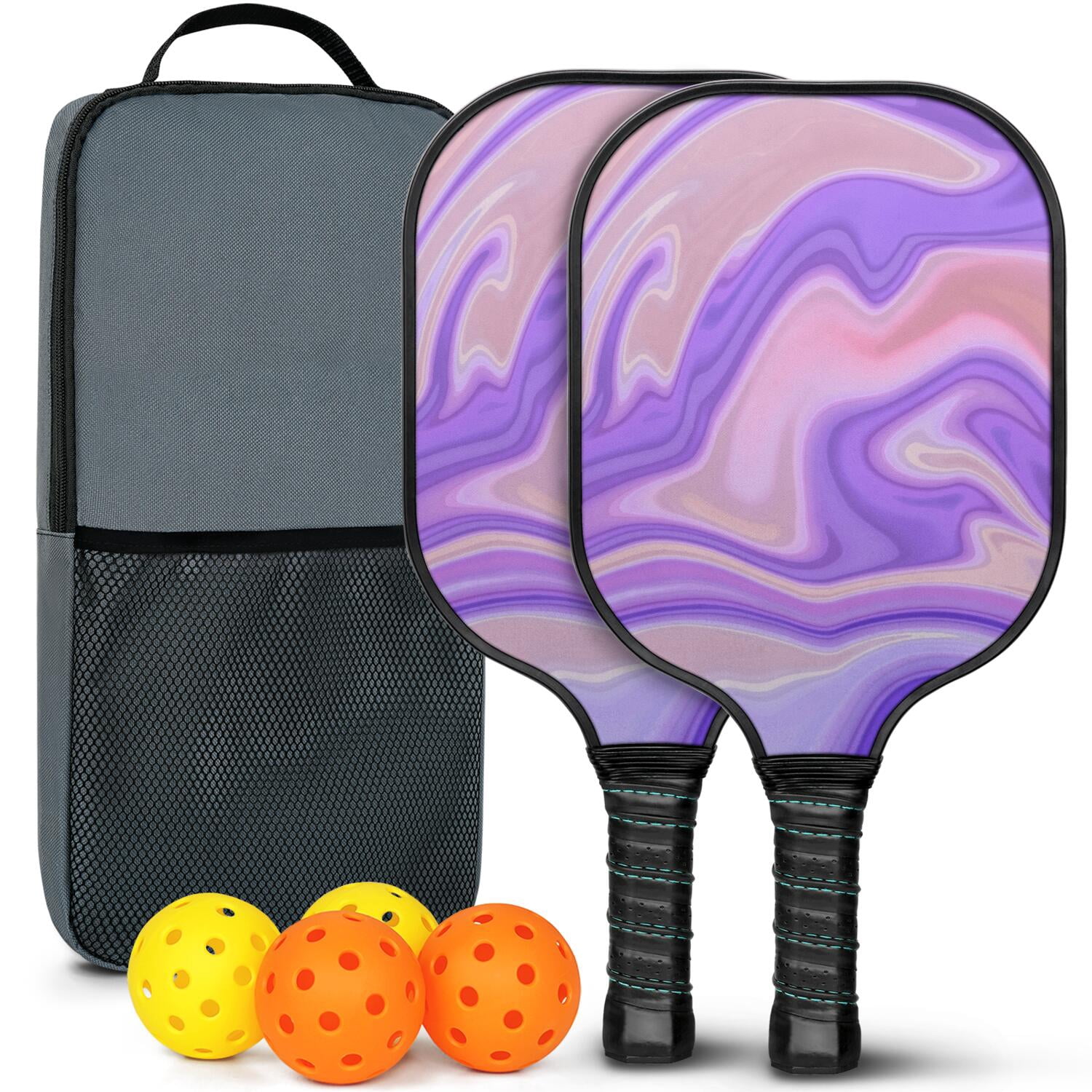 Pickleball Paddles Set Of 2, Fiberglass Surface, Liquid & Marble Print, 4 Balls & Bag