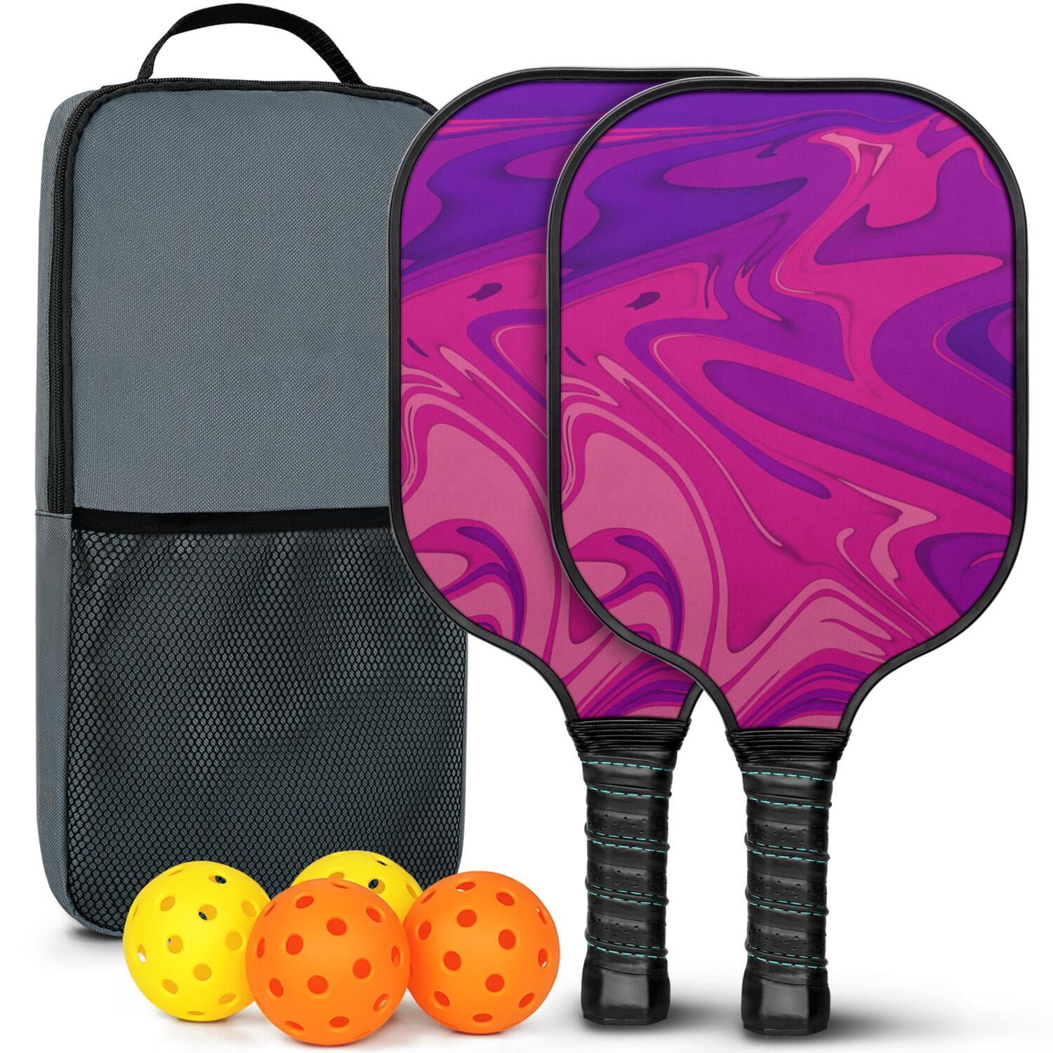 Pickleball Paddles Set Of 2, Fiberglass Surface, Liquid & Marble Print, 4 Balls & Bag