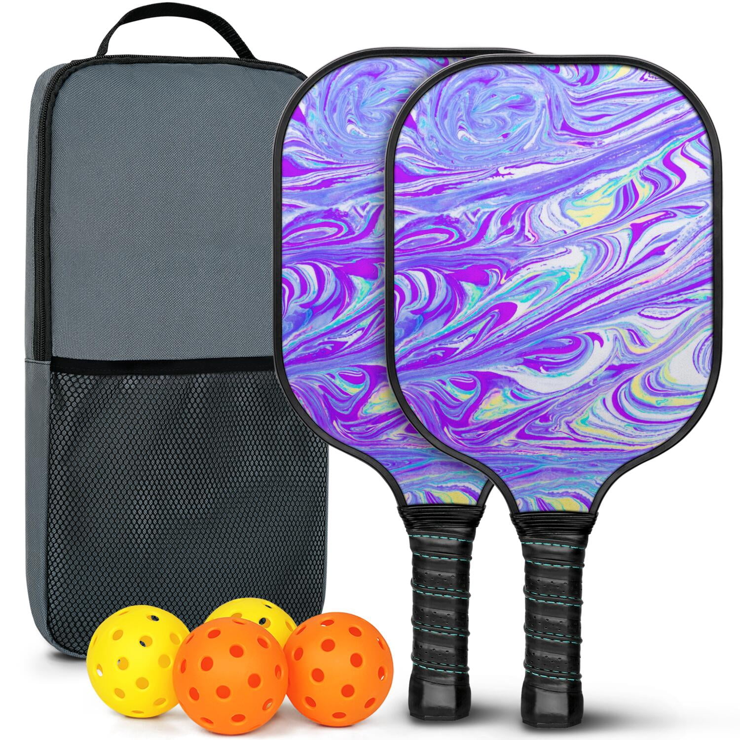 Pickleball Paddles Set Of 2, Fiberglass Surface, Liquid & Marble Print, 4 Balls & Bag