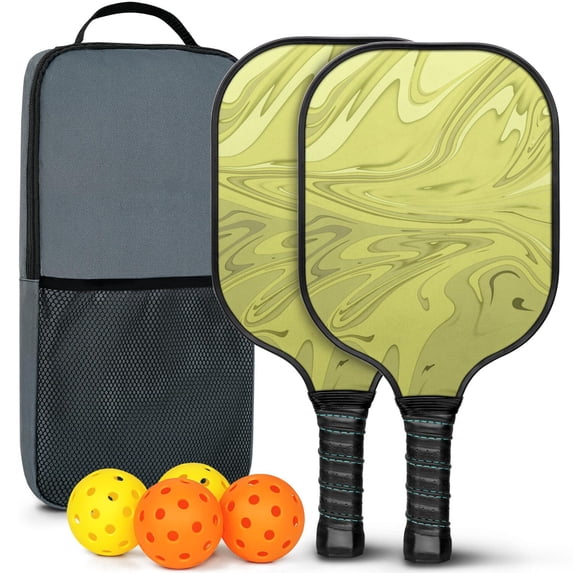 Pickleball Paddles Set Of 2, Fiberglass Surface, Liquid & Marble Print, 4 Balls & Bag