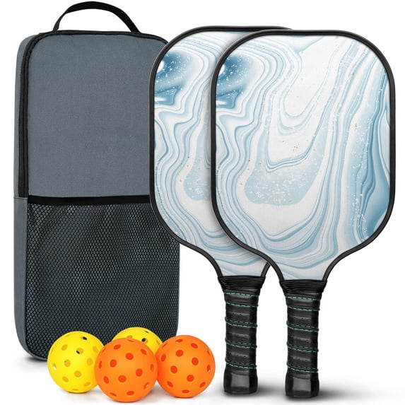 Pickleball Paddles Set Of 2, Fiberglass Surface, Liquid & Marble Print, 4 Balls & Bag