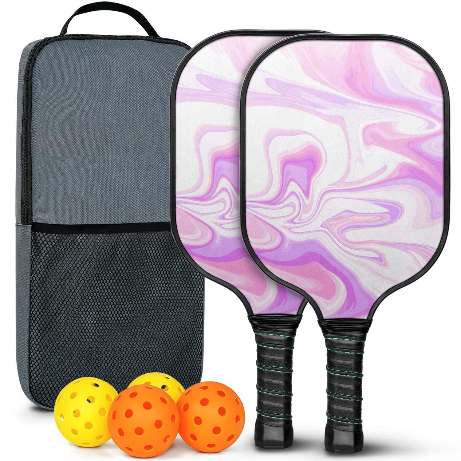Pickleball Paddles Set Of 2, Fiberglass Surface, Liquid & Marble Print, 4 Balls & Bag