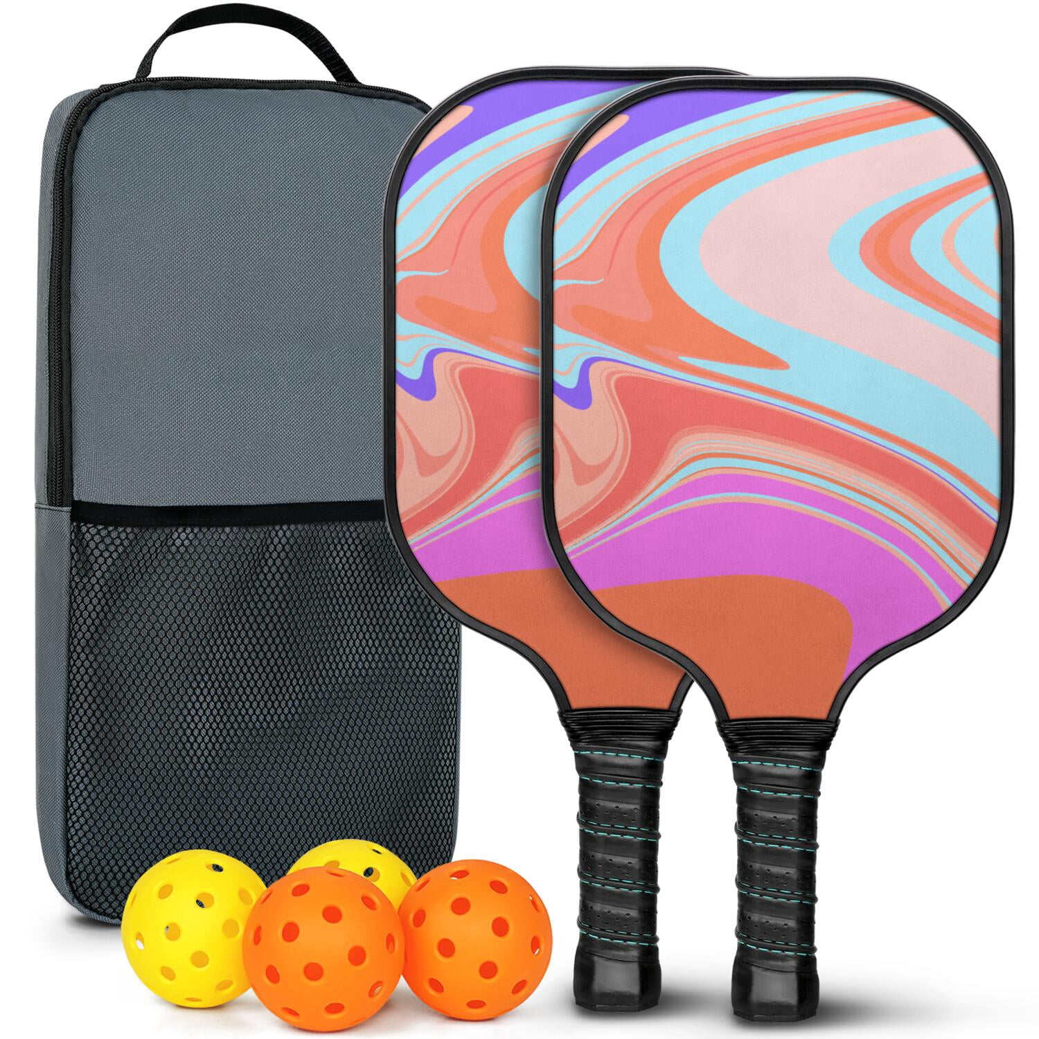 Pickleball Paddles Set Of 2, Fiberglass Surface, Liquid & Marble Print, 4 Balls & Bag