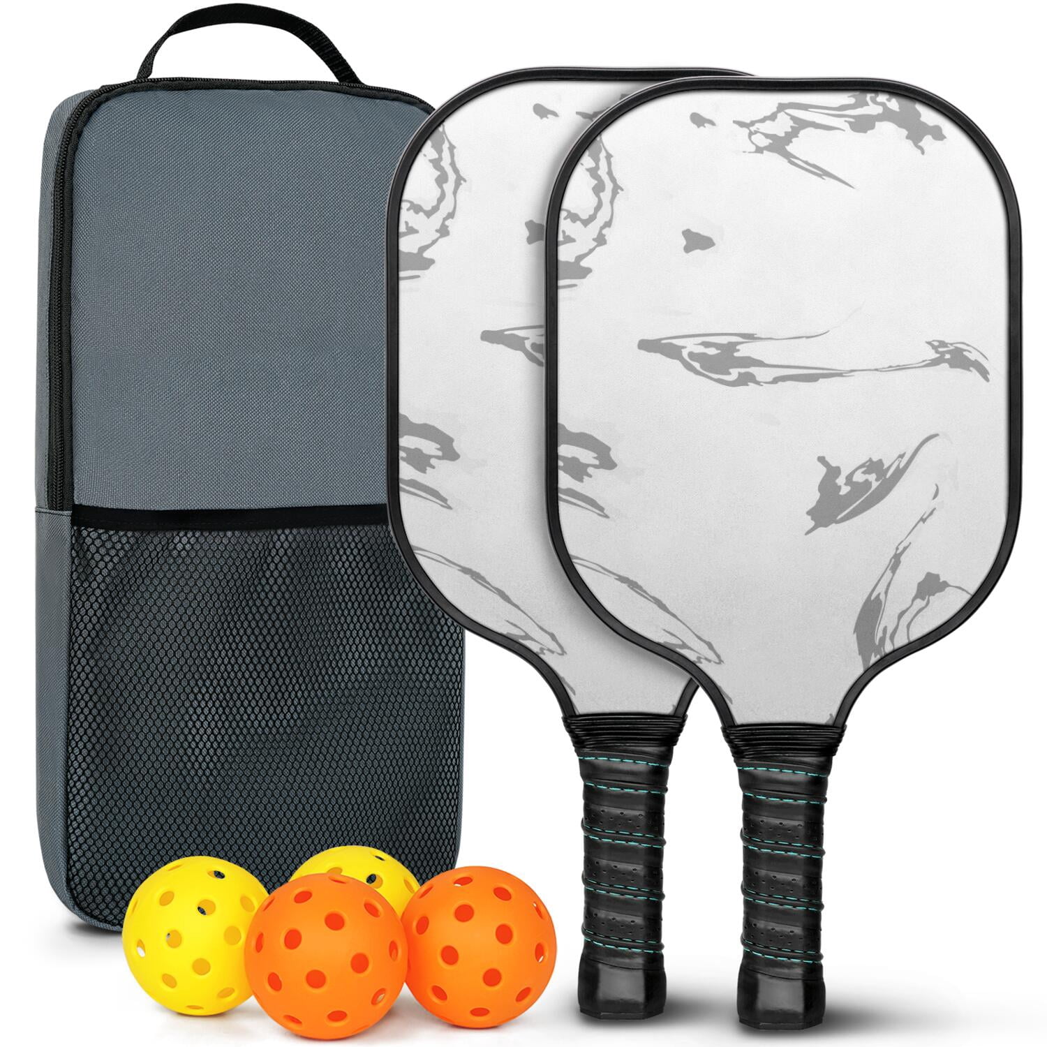 Pickleball Paddles Set Of 2, Fiberglass Surface, Liquid & Marble Print, 4 Balls & Bag