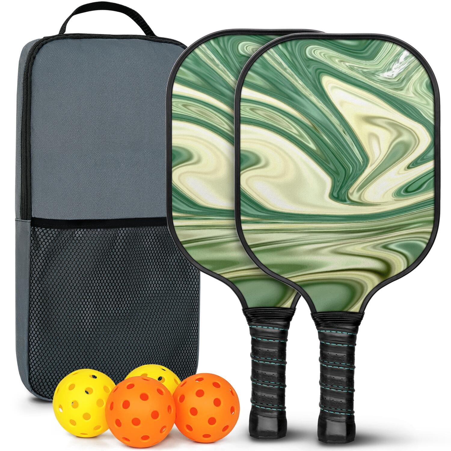 Pickleball Paddles Set Of 2, Fiberglass Surface, Liquid & Marble Print, 4 Balls & Bag