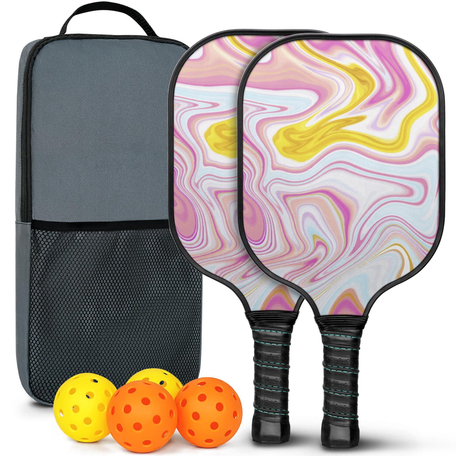 Pickleball Paddles Set Of 2, Fiberglass Surface, Liquid & Marble Print, 4 Balls & Bag