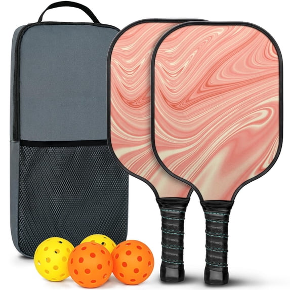 Pickleball Paddles Set Of 2, Fiberglass Surface, Liquid & Marble Print, 4 Balls & Bag
