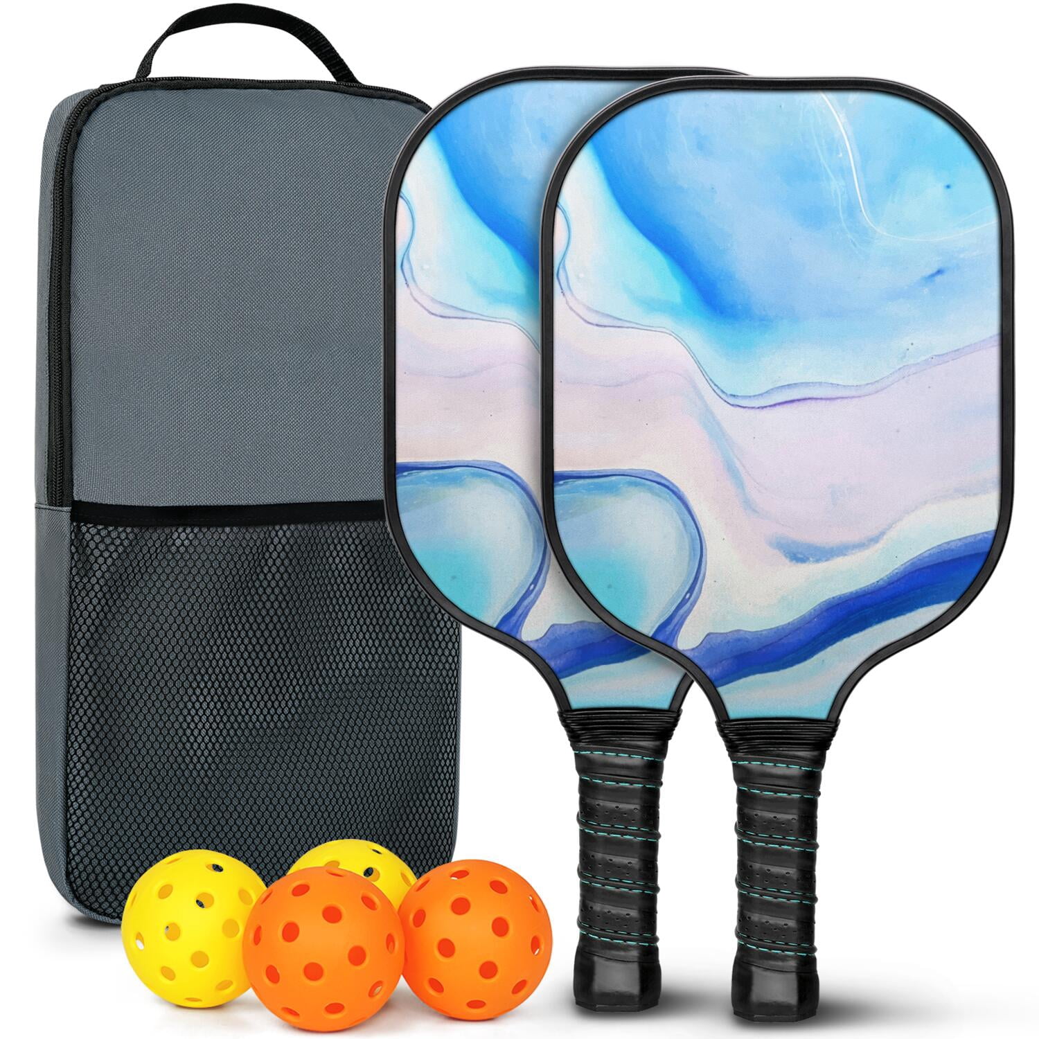 Pickleball Paddles Set Of 2, Fiberglass Surface, Liquid & Marble Print, 4 Balls & Bag