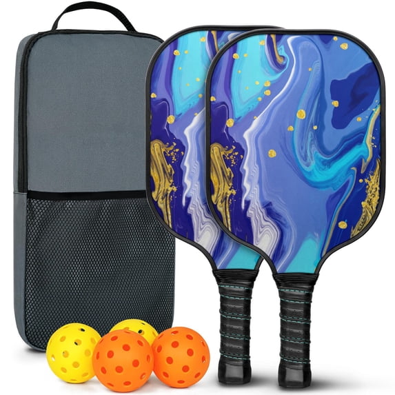 Pickleball Paddles Set Of 2, Fiberglass Surface, Liquid & Marble Print, 4 Balls & Bag
