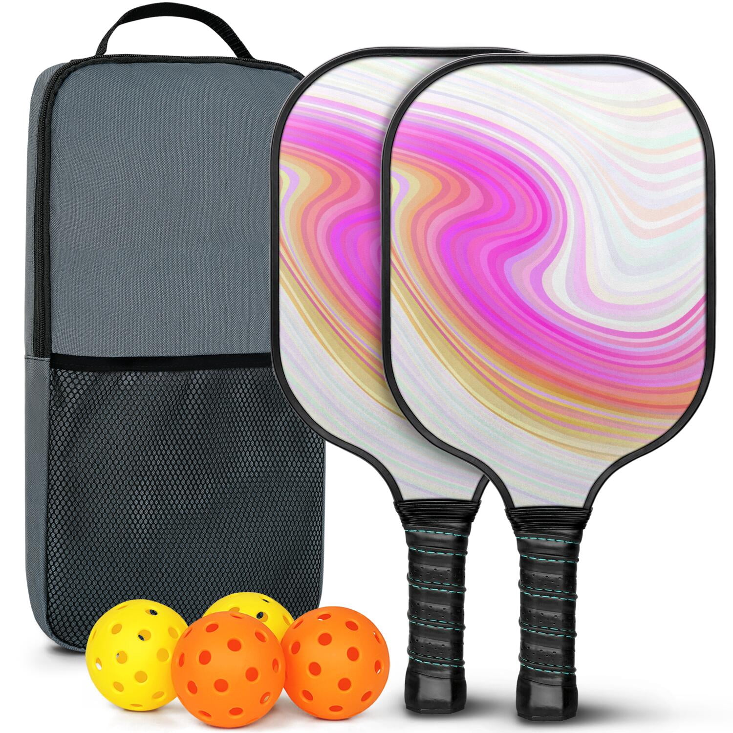 Pickleball Paddles Set Of 2, Fiberglass Surface, Liquid & Marble Print, 4 Balls & Bag