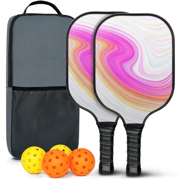 Pickleball Paddles Set Of 2, Fiberglass Surface, Liquid & Marble Print, 4 Balls & Bag
