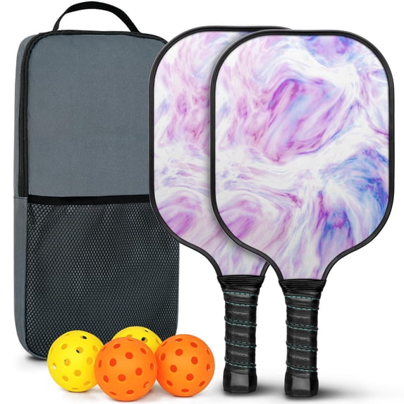 Pickleball Paddles Set Of 2, Fiberglass Surface, Liquid & Marble Print, 4 Balls & Bag