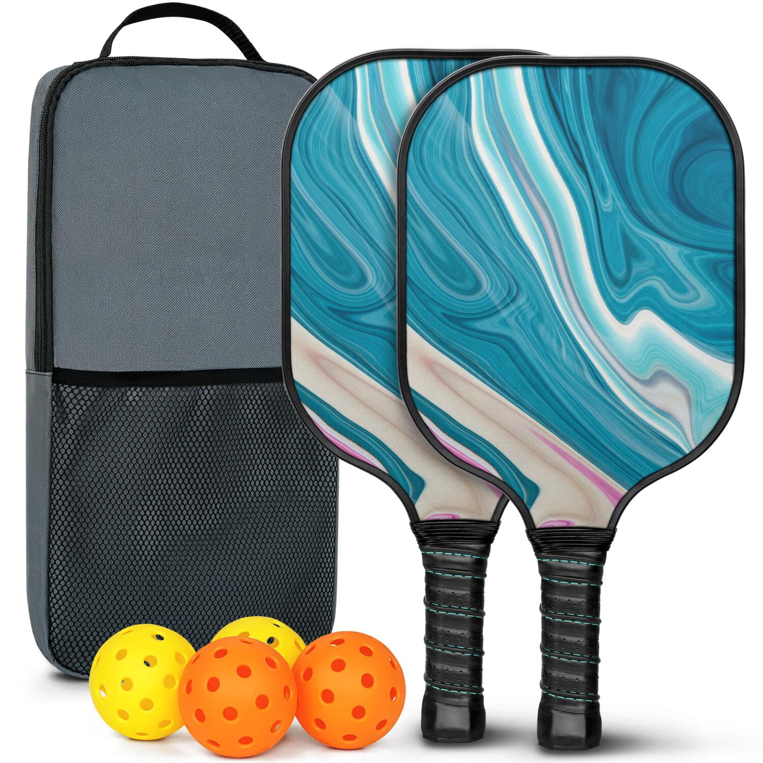 Pickleball Paddles Set Of 2, Fiberglass Surface, Liquid & Marble Print, 4 Balls & Bag