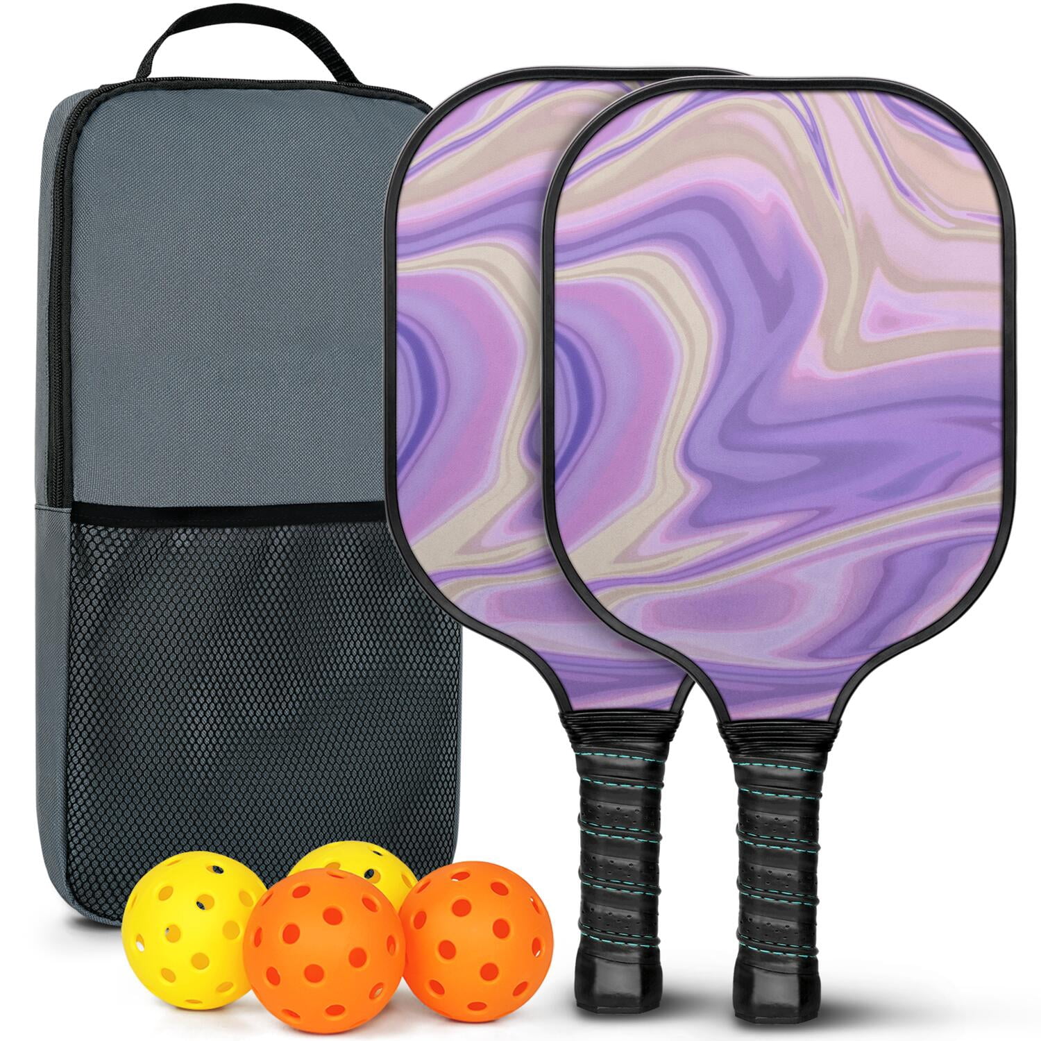 Pickleball Paddles Set Of 2, Fiberglass Surface, Liquid & Marble Print, 4 Balls & Bag